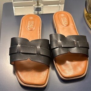 Black Leather Slide Sandals